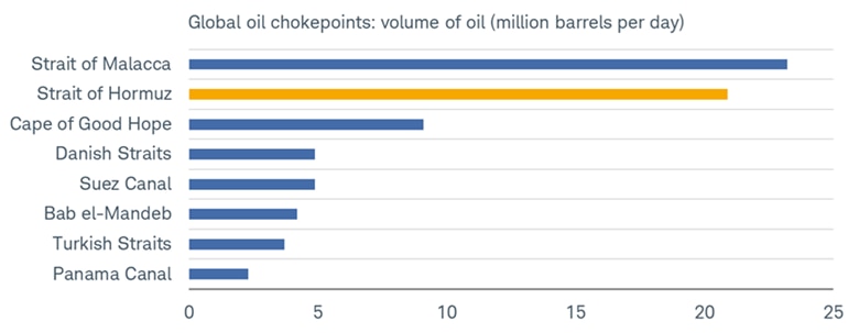 Total oil flows in millions of barrels per day that moved through the Strait of Malacca, Strait of Hormuz, Cape of Good Hope, Danish Straits, Suez Canal, Bab el-Mandeb, Turkish Straits and Panama Canal during the first half of 2025.