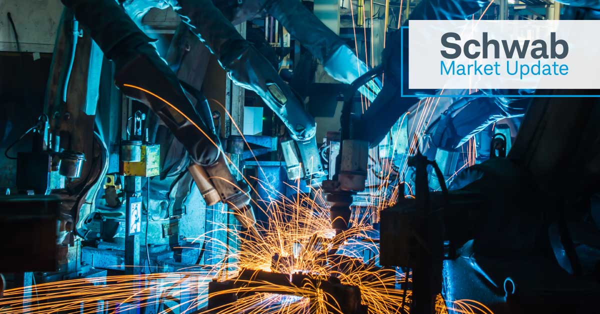 Schwab Market Update: Robots work in an auto parts factory.