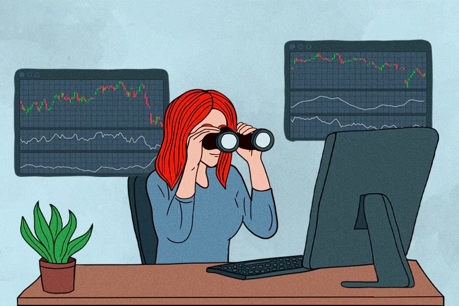 A woman with binoculars looking at ADX and RSI.