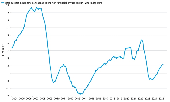Chart shows 12-month rolling net new bank loans to the non-financial sector, as a percentage of gross domestic product, to the total eurozone dating back to 2004.