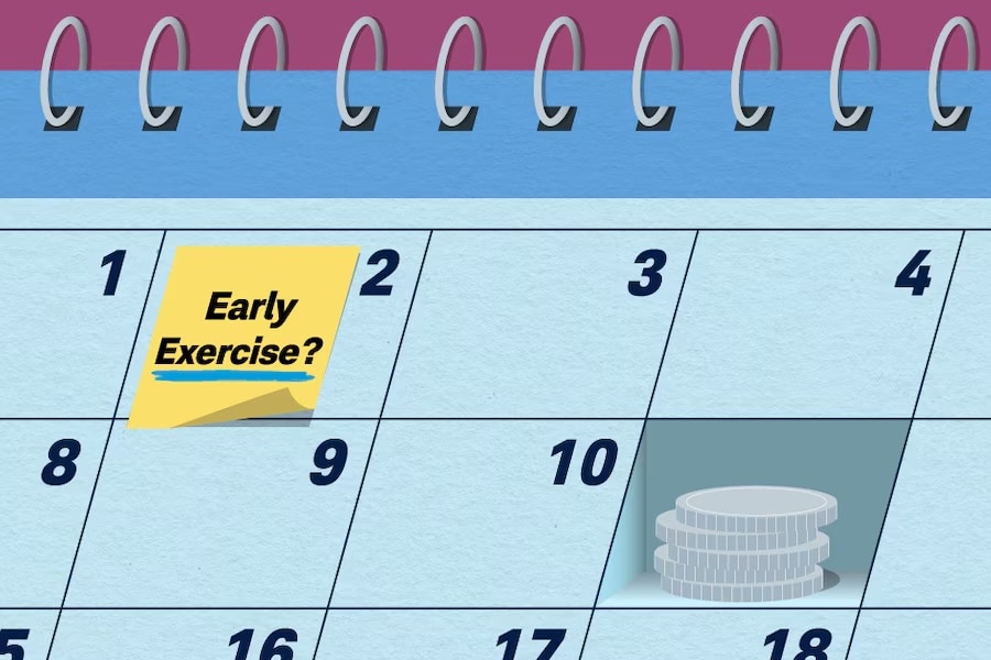 A calendar with "Early Exercise?" marked on the second day of the month, midweek, and coins on the 11th day of the month, later in the next week.