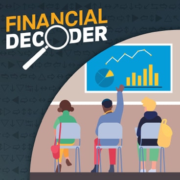 Illustration of students learning in a classroom with charts and graphs on the board