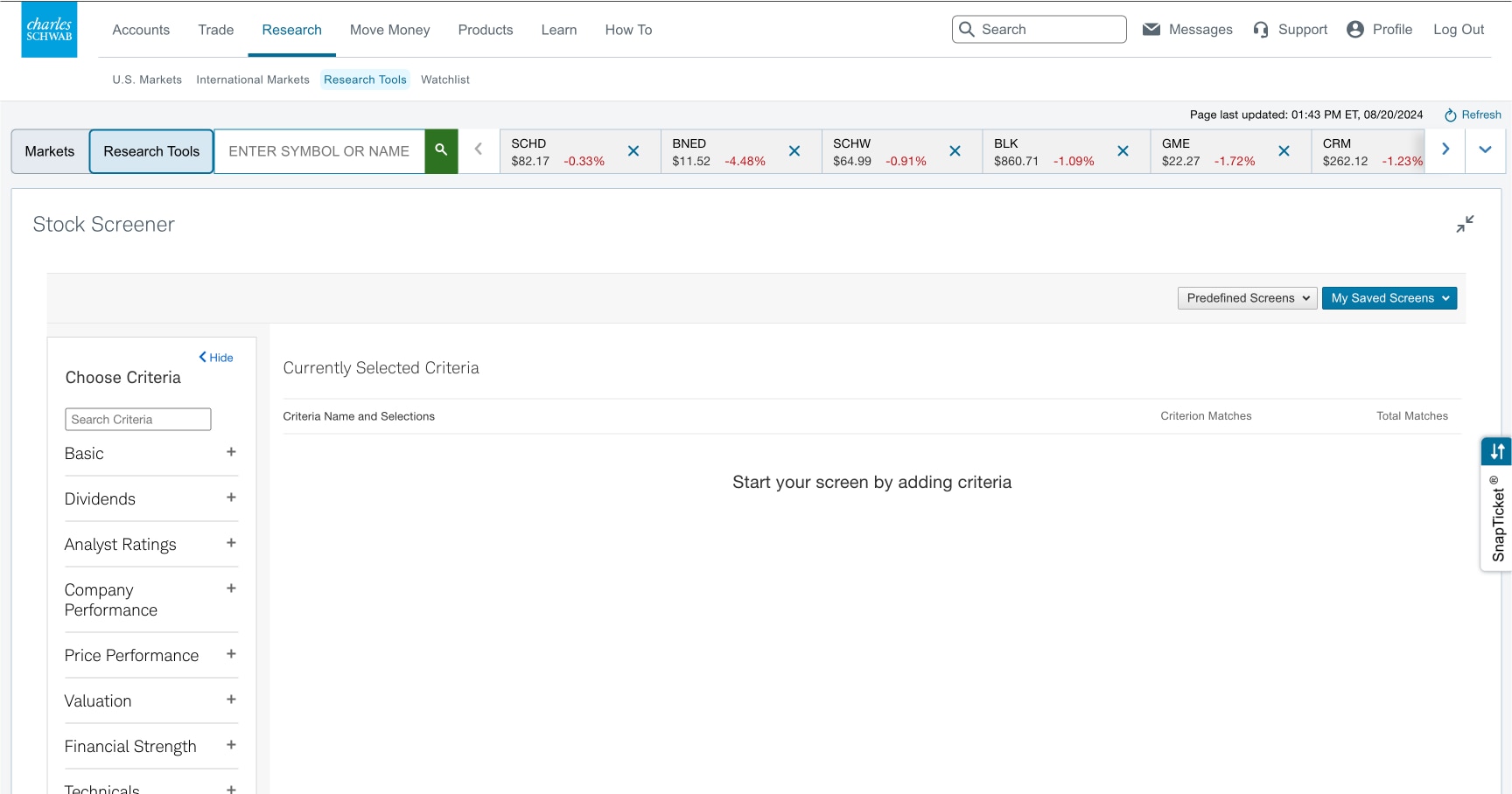 A section of the Schwab client account web page showing where to find stock screeners with analyst ratings. Select Research, Research Tools, Screeners, and finally Analyst Ratings.