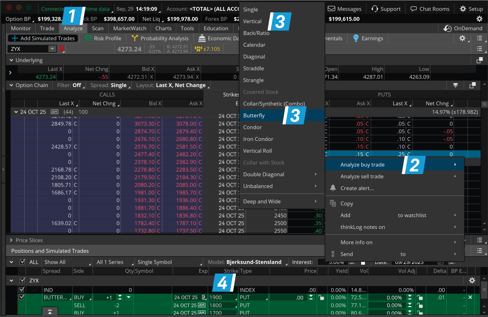 Chart illustrates how to follow the steps to place a skipped strike butterfly on the thinkorswim platform.