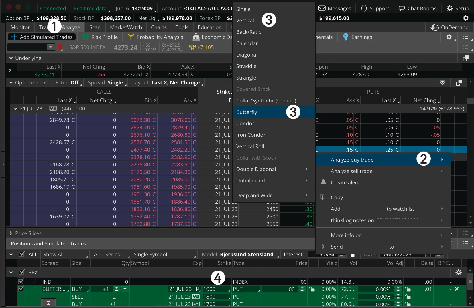 Chart illustrates how to follow the steps to place a skipped strike butterfly on the thinkorswim platform.