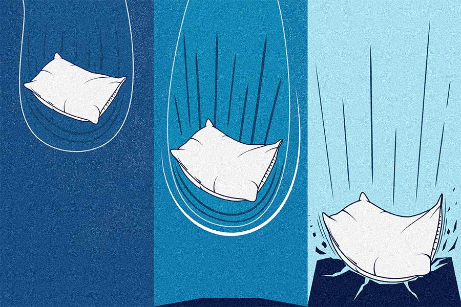 An illustration of a fluffy pillow falling to the earth, which reveals the pillow is heavier than you think.