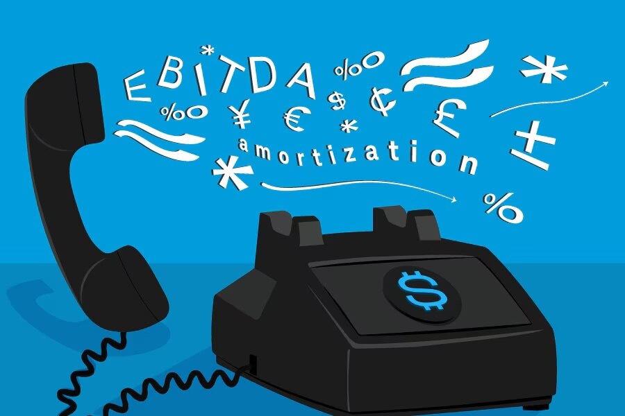 Financial terms like ebitda and amortization, and symbols for pounds and crypto are coming out of a phone receiver.