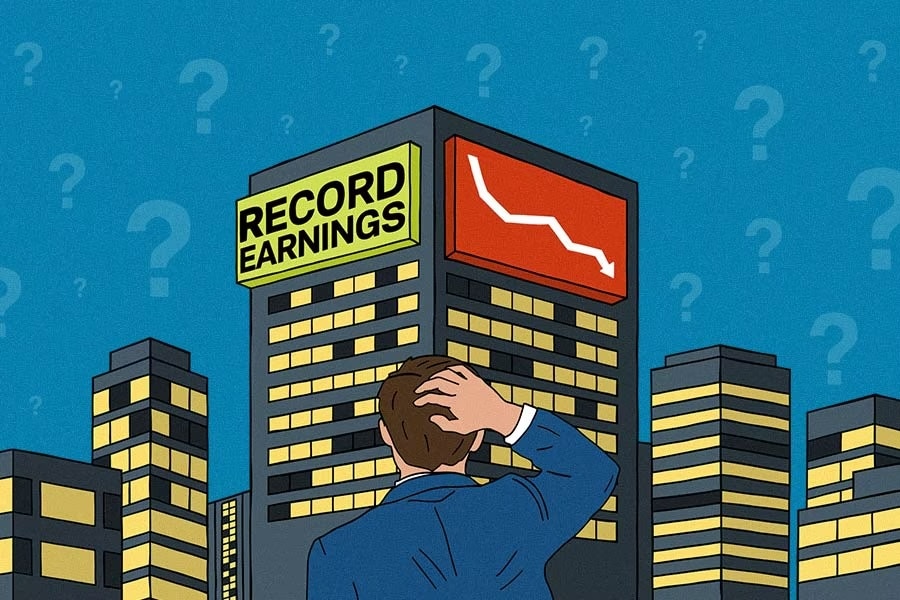 Record earnings on building with downtrending stock line