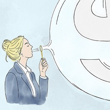 An illustration of a woman blowing a huge bubble containing a dollar sign.