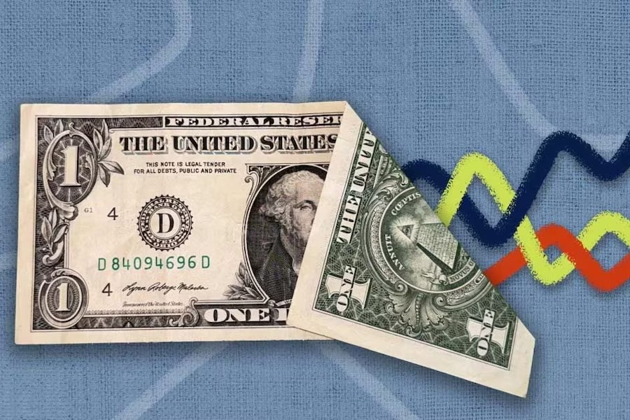 A dollar bill with stock lines coming out of it.