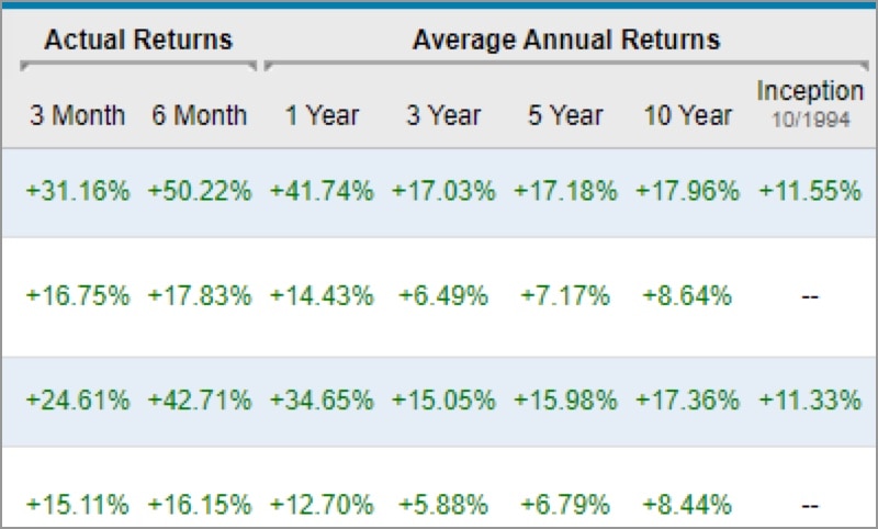 A sample of how monthly returns for offshore mutual funds are listed