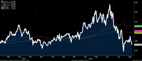 Line showing the Morgan Stanley US Momentum Index along with its 50-day, 100-day and 200-day moving averages.